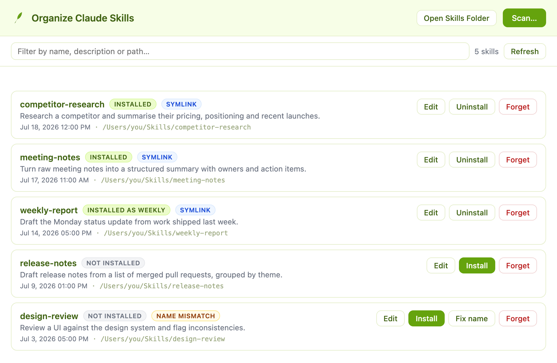The Organize Claude Skills window listing five skills with badges showing which are installed, when each was last edited, and where each lives on disk.