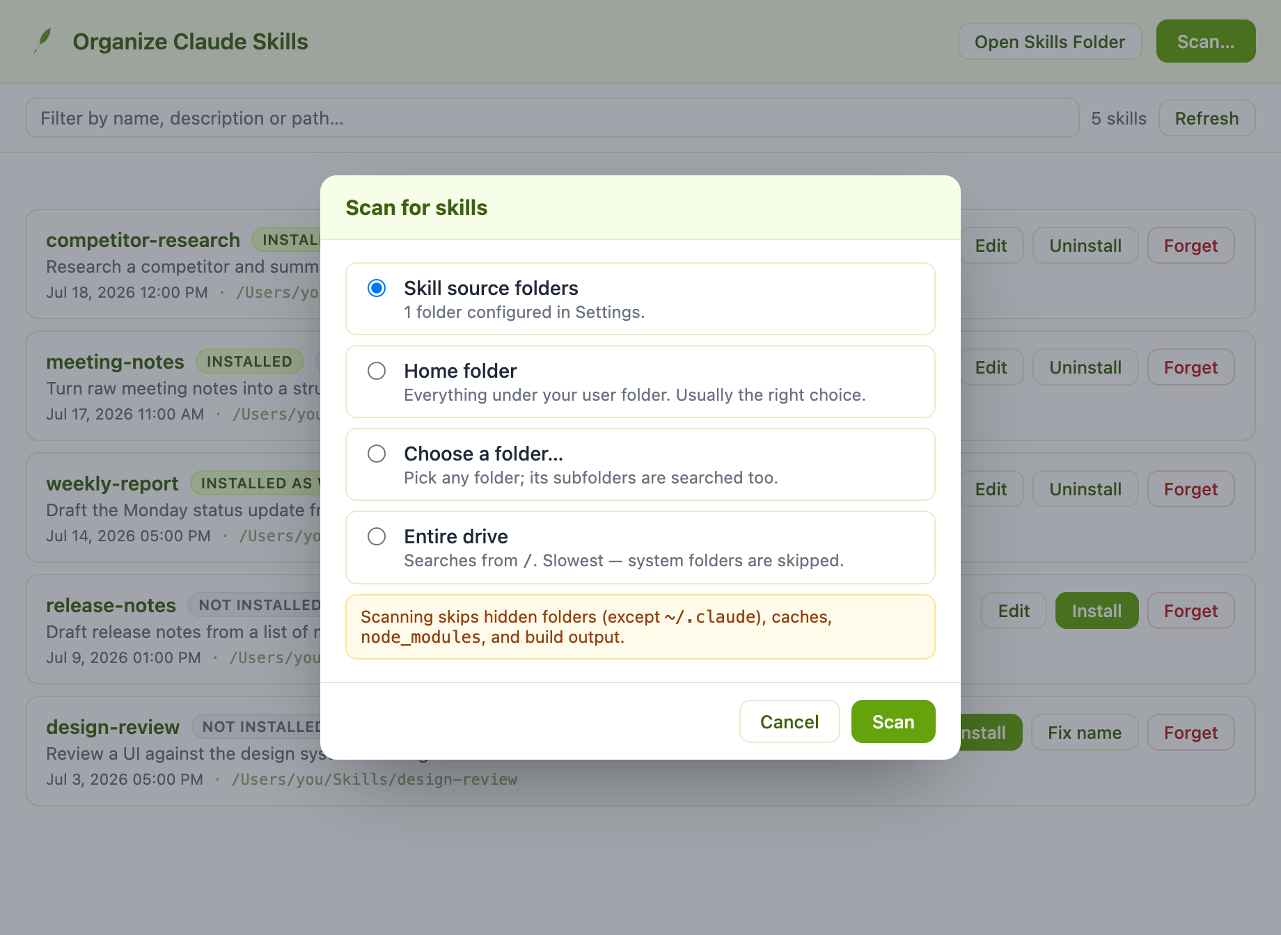 The Scan for skills dialog offering four scopes: skill source folders, home folder, a chosen folder, or the entire drive.
